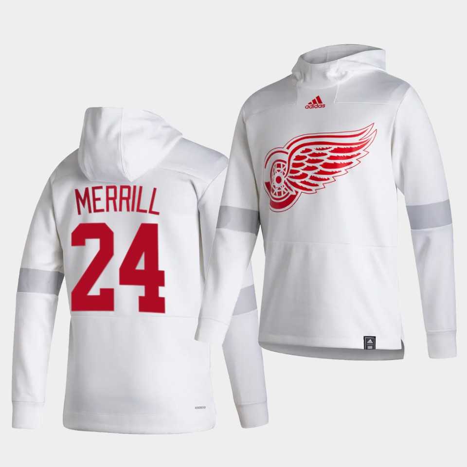 Men Detroit Red Wings 24 Merrill White NHL 2021 Adidas Pullover Hoodie Jersey